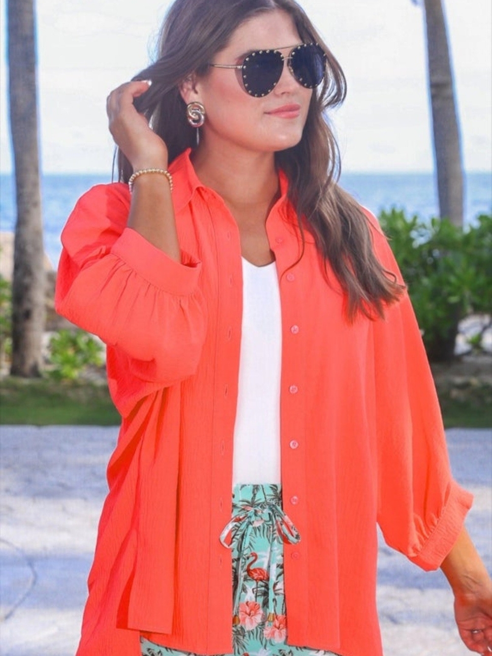 Women's Coral Button-Down Relaxed Shirt